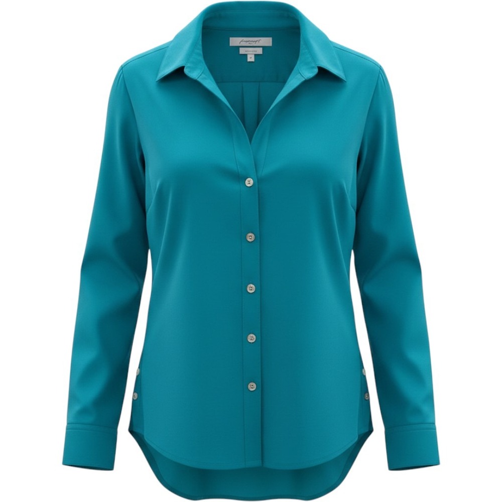 Foxcroft Women's 6 Petite 6P Wrinkle Free Teal Button Down Blouse Office Classic